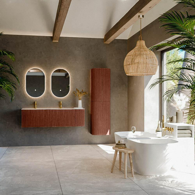 MONDIAZ KURVE-DLUX Meuble de salle de bains 145cm arrondi à droite couleur Ruby avec 1 tiroir et 1 porte. Lavabo LEAF Double / Gauche 2 trous de robinet Nata.