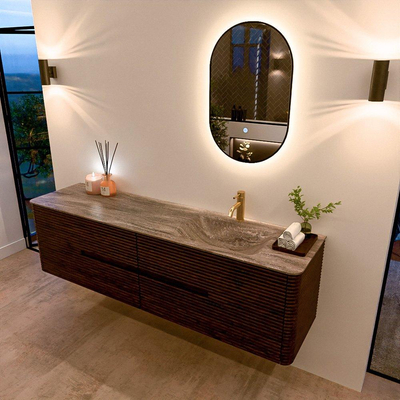 Mondiaz CIRO-DLUX Meuble de salle de bains - 180x45x50cm - Vasque solid surface Oza - 1 lavabo à droite - 1 trou de robinet - 4 tiroirs - Noyer