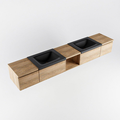 MONDIAZ BUKLA 240cm badmeubel met open module 40 midden kleur Washed Oak met 4 lades. Wastafel CLOUD dubbel 0 kraangaten kleur Urban.