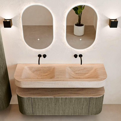 MONDIAZ THOR-DLUX 140cm meuble de salle de bains arrondi gauche + droite couleur Shadow avec 1 tiroir et 2 portes. Vasque suspendue CLOUD Double sans trou de robinet couleur Saba.