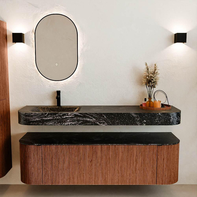 MONDIAZ THOR-DLUX 160cm meuble de salle de bains arrondi gauche + droite couleur Ruby avec 1 tiroir et 2 portes. Vasque suspendue CLOUD Gauche 1 trou de robinet couleur Lava.