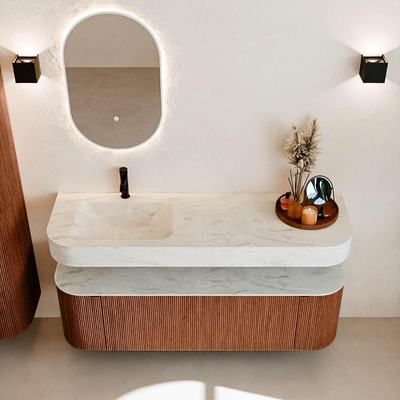 MONDIAZ THOR-DLUX 150cm meuble de salle de bains arrondi gauche + droite couleur Ruby avec 1 tiroir et 2 portes. Vasque suspendue CLOUD Gauche 1 trou de robinet couleur Opalo.