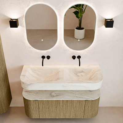 MONDIAZ THOR-DLUX 120cm meuble de salle de bains arrondi gauche + droite couleur Dusk avec 1 tiroir et 2 portes. Vasque suspendue CLOUD Double sans trou de robinet couleur Ostra.