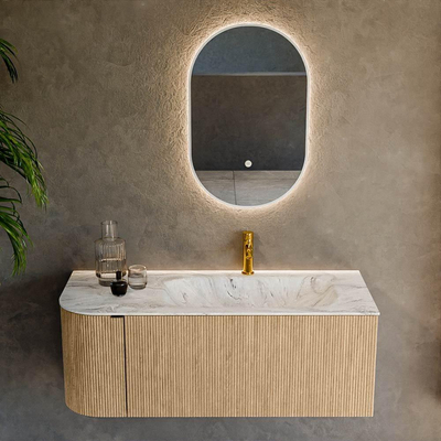 MONDIAZ KURVE-DLUX 115cm Meuble salle de bain avec module 25 G - couleur Oak - 1 tiroir - 1 porte - vasque BIG SMALL droite - 1 trou de robinet - couleur Glace