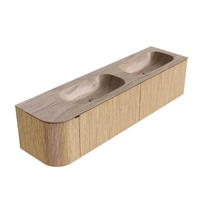 MONDIAZ KURVE-DLUX 175cm badmeubel ronding Links kleur Oak met 2 lades en 1 deur. Wastafel STOR SMALL Dubbel / Rechts zonder kraangat Saba.