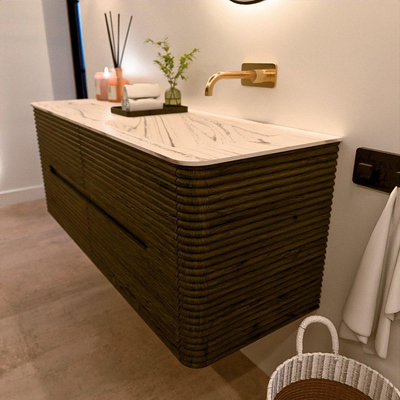 Mondiaz CIRO-DLUX Badkamermeubelset - 130x45x50cm - Solid surface wastafel Nata - 1 wasbak Rechts - zonder kraangaten - 4 lades - Shadow