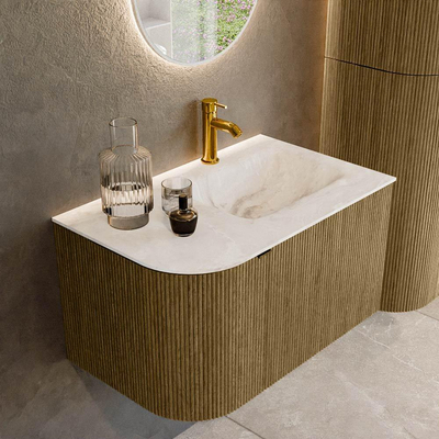 Mondiaz KURVE-DLUX Badkamermeubelset - 75x46x40cm - 1 lade - 1 deur - wastafel solid surface - rechts - 1 kraangat - Dusk