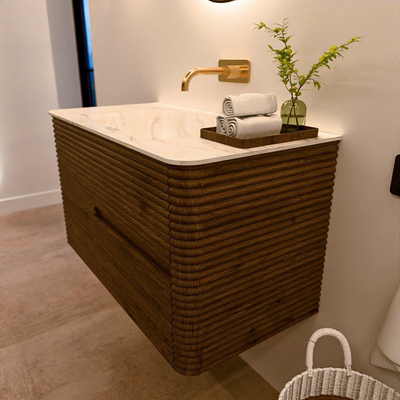 Mondiaz CIRO-DLUX Badkamermeubelset - 90x45x50cm - Solid surface wastafel Ostra - 1 wasbak Midden - zonder kraangaten - 2 lades - Dusk