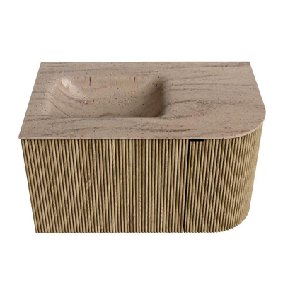 MONDIAZ KURVE-DLUX Meuble de salle de bains 75cm arrondi Droite couleur Dusk avec 1 tiroir et 1 porte. Lavabo GRUNNE Gauche 1 trou de robinet Saba.