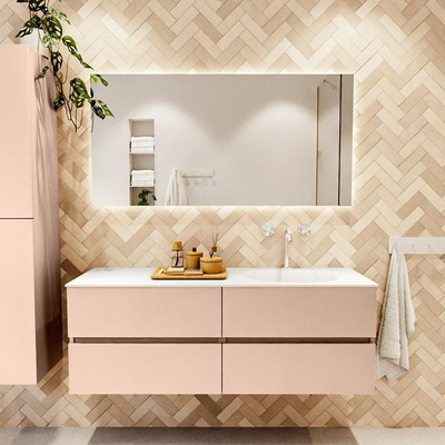 Mondiaz VICA ensemble de meuble de salle de bain - 140cm - meuble sous-vasque rosee - 4 tiroirs - lavabo moon droite - 1 trou de robinet - version haute de 60cm - talc