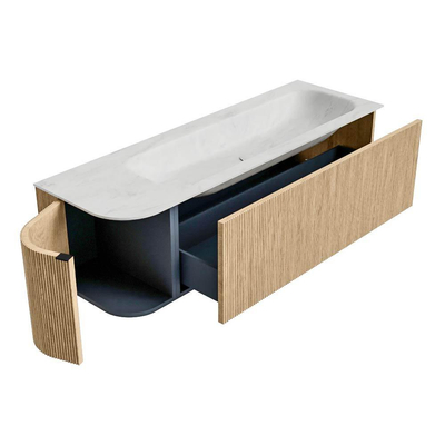 MONDIAZ KURVE-DLUX Meuble de salle de bains 145 cm avec module 25 L couleur Oak avec 1 tiroir et 1 porte. Lavabo BIG LARGE à droite sans trou de robinet couleur Opalo.