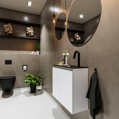 MONDIAZ TURE Toiletmeubel 60x23x50cm met 1 kraangaten 2 deuren talc mat Wastafel Eden rechts Solid Surface Zwart