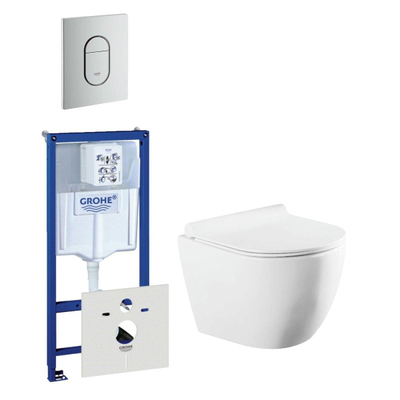 QeramiQ Salina Pack WC Réservoir à encastrer, Cuvette murale compacte, Abattant et Plaque de commande verticale Chrome mat