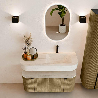 MONDIAZ THOR-DLUX Meuble de salle de bains 110cm arrondi gauche + droite couleur Dusk avec 1 tiroir et 2 portes. Vasque suspendue CLOUD Droite 1 trou de robinet couleur Meli.