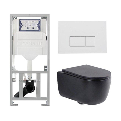 QeramiQ Dely Swirl Ensemble WC - 36.3x51.7cm - Réservoir encastré Geberit UP320 - abattant fin - Plaque de commande en métal blanc mat - Boutons rectangulaires - Noir mat