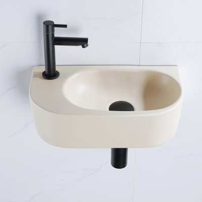 Fugaflow Efficiente Pietra Fonteinset - 40x21.5x12cm - links - glad - halfrond - 1 kraangat - keramiek - fonteinkraan zwart mat - afvoerplug - verlaagd sifon - beige
