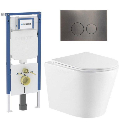 QeramiQ Dely Toiletset - 36.3x51.7cm - diepspoel - rimless - Geberit UP720 inbouwreservoir - softclose toiletzitting - gunmetal bedieningsplaat - ronde knoppen - met Burda frame - mat wit