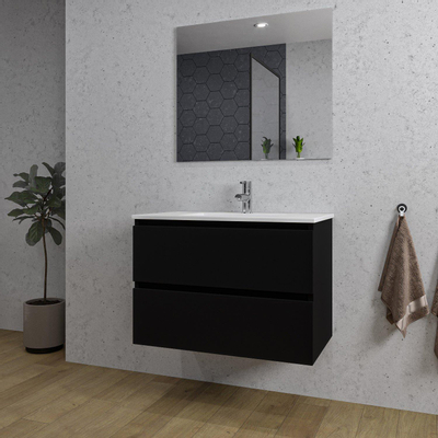 Adema Chaci Ensemble salle de bain - 80x46x55cm - 1 vasque en céramique blanche - 1 trou de robinet - 2 tiroirs - miroir rectangulaire - noir mat