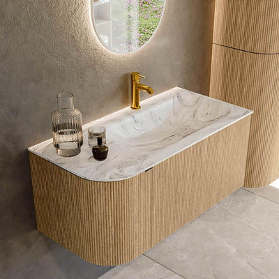 MONDIAZ KURVE-DLUX Meuble de salle de bains 95 cm avec module 25 L couleur Oak avec 1 tiroir et 1 porte. Lavabo BIG SMALL à droite 1 trou de robinet couleur Glace.