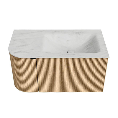 MONDIAZ KURVE-DLUX meuble de salle de bains 85 cm avec module 25 L couleur Oak avec 1 tiroir et 1 porte. Lavabo CLOUD à droite 1 trou de robinet couleur Opalo.