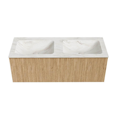 MONDIAZ KURVE-DLUX Meuble de salle de bains 120cm couleur Oak avec 1 tiroir. Lavabo LEAF double 2 trous de robinet couleur Ostra.