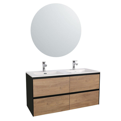 Adema Industrial Meuble avec miroir rond noir 120x45.5x58cm vasque avec trop-plein Bois