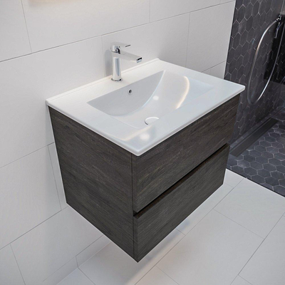 Mondiaz VICAB meuble de salle de bain - 60cm - meuble sous-vasque marron foncé - 2 tiroirs - lavabo denia milieu - 1 trou de robinet XL version 60cm haut