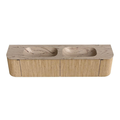 MONDIAZ KURVE-DLUX 190cm badmeubel ronding Links + Rechts kleur Oak met 2 lades en 2 deuren. Wastafel STOR SMALL Dubbel zonder kraangat Arena.