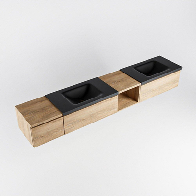 MONDIAZ BUKLA 240cm ensemble de meuble avec module ouvert 40 à droite couleur Chêne blanchi avec 3 tiroirs. Lavabo CLOUD double 2 trous de robinet couleur Urbain.