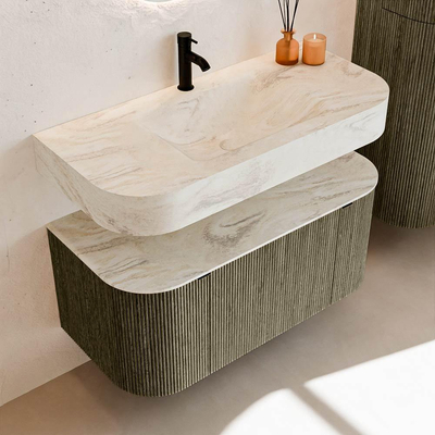 MONDIAZ THOR-DLUX 100cm meuble de salle de bains arrondi gauche + droite couleur Shadow avec 1 tiroir et 2 portes. Vasque suspendue CLOUD Milieu 1 trou de robinet couleur Ostra.