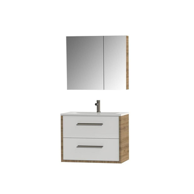 Tiger Boston Ensemble meuble de salle de bains 80cm chêne chalet / blanc brillant avec armoire de toilette. Lavabo en polybéton blanc brillant et poignées en inox brossé