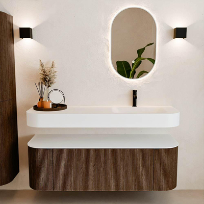 MONDIAZ THOR 140cm meuble de salle de bains arrondi gauche + droite couleur Walnut avec 1 tiroir et 2 portes. Vasque suspendue CLOUD Droite 1 trou de robinet couleur Talc.