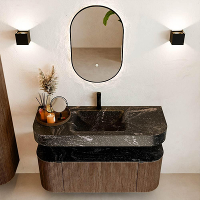 MONDIAZ THOR-DLUX 120cm meuble de salle de bains arrondi gauche + droite couleur Walnut avec 1 tiroir et 2 portes. Vasque suspendue CLOUD Milieu 1 trou de robinet couleur Lava.