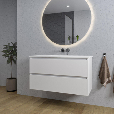 Saniclass Chaci Meuble de salle de bain - 100x46x55cm - lavabo en céramique blanc - 1 vasque - sans trous de robinet - 2 tiroirs - ronde miroir avec éclairage - blanc mat