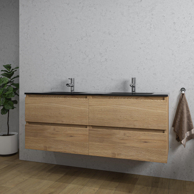 Saniclass Chaci Meuble de salle de bain - 140x46x55cm - lavabo en céramique noir - 2 vasques - 2 trous de robinet - 4 tiroirs - chêne