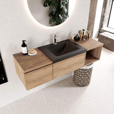 MONDIAZ BUKLA Meuble de salle de bains 140 cm avec module ouvert 40 à droite couleur Washed Oak avec 2 tiroirs. Lavabo CLOUD central 1 trou de robinet couleur Urban.