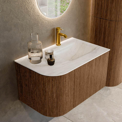 MONDIAZ KURVE-DLUX 75cm Meuble salle de bain avec module 25 G - couleur Walnut - 1 tiroir - 1 porte - vasque GRUNNE droite - 1 trou de robinet - couleur Ostra