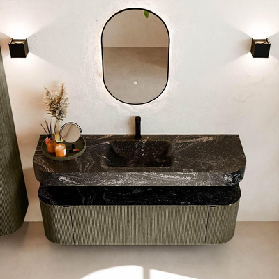 MONDIAZ THOR-DLUX 150cm meuble de salle de bains arrondi gauche + droite couleur Shadow avec 1 tiroir et 2 portes. Vasque suspendue CLOUD Milieu 1 trou de robinet couleur Lava.