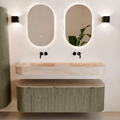 MONDIAZ THOR-DLUX 140cm meuble de salle de bains arrondi gauche + droite couleur Shadow avec 1 tiroir et 2 portes. Vasque suspendue CLOUD Double sans trou de robinet couleur Saba.