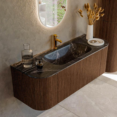 MONDIAZ KURVE-DLUX 130cm badmeubel met module 25 Len R kleur Walnut met 1 lade en 2 deuren. Wastafel BIG SMALL midden 1 kraangat kleur Lava.
