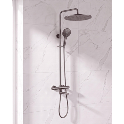 Fortifura Calvi Regendoucheset - thermostatisch - 30cm hoofddouche - gladde slang - ronde handdouche - draaibare baduitloop - Geborsteld Gunmetal PVD