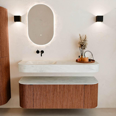 MONDIAZ THOR-DLUX 130cm meuble de salle de bains arrondi gauche + droite couleur Ruby avec 1 tiroir et 2 portes. Vasque suspendue CLOUD Gauche sans trou de robinet couleur Opalo.