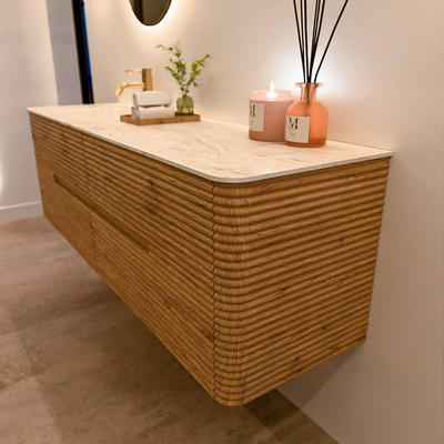 Mondiaz CIRO-DLUX Meuble de salle de bains - 160x45x50cm - Plan vasque solid surface Ostra - 1 lavabo à gauche - 1 trou de robinet - 4 tiroirs - Chêne