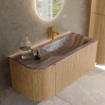 MONDIAZ KURVE-DLUX 105cm badmeubel ronding Links kleur Oak met 1 lade en 1 deur. Wastafel BIG SMALL Rechts 1 kraangat Oza.