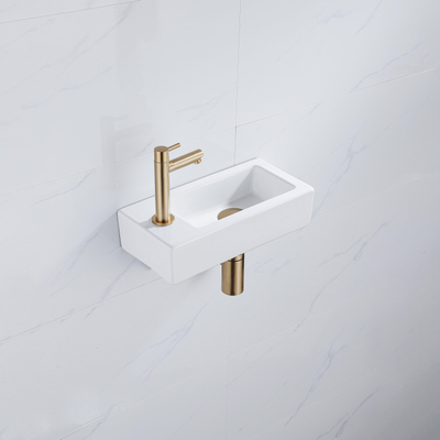 QeramiQ Fuente fonteinset – 37.5x18.5x9 cm – keramiek wit glans – kraangat links – geborsteld gouden kraan
