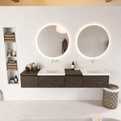 MONDIAZ BUKLA 200cm ensemble de meuble avec module 40 à droite couleur Marron Foncé avec 4 tiroirs. Lavabo CLOUD double 0 trou de robinet couleur Talc.