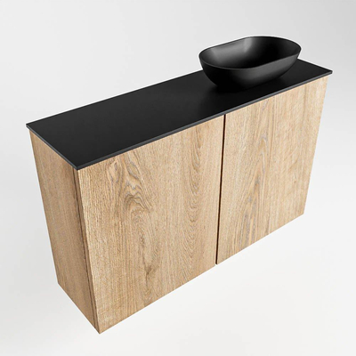 Mondiaz Fowy Toiletmeubel - 80x50x23cm - washed oak mat - 0 kraangaten - wasbak rechts - 2 deuren - solid surface - blad Melamine - wasbak: zwart