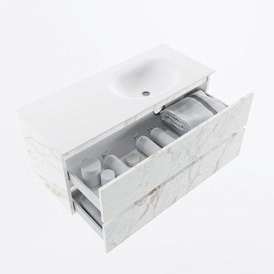 Mondiaz VICA ensemble de meuble de salle de bain - 110cm - meuble sous vasque carrara - 2 tiroirs - lavabo moon droite - sans trous de robinet - version haute de 60cm - talc