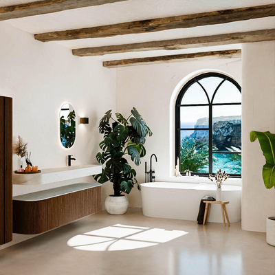 MONDIAZ THOR-DLUX 180cm badmeubel ronding links + rechts kleur Walnut met 2 lades en 2 deuren. Vrijhangende wastafel CLOUD Rechts 1 kraangat kleur Opalo.