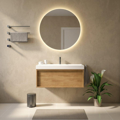 Saniclass Holz Frame Ensemble meuble de salle de bains - 100x45x47.5cm - Wave lavabo en céramique - 1 vasque - 1 trou de robinetterie - 1 tiroir - chêne natural mat (bois)
